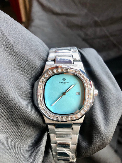 Iced - Out Patek Style Watch with Aqua Blue Dial - Wristcart