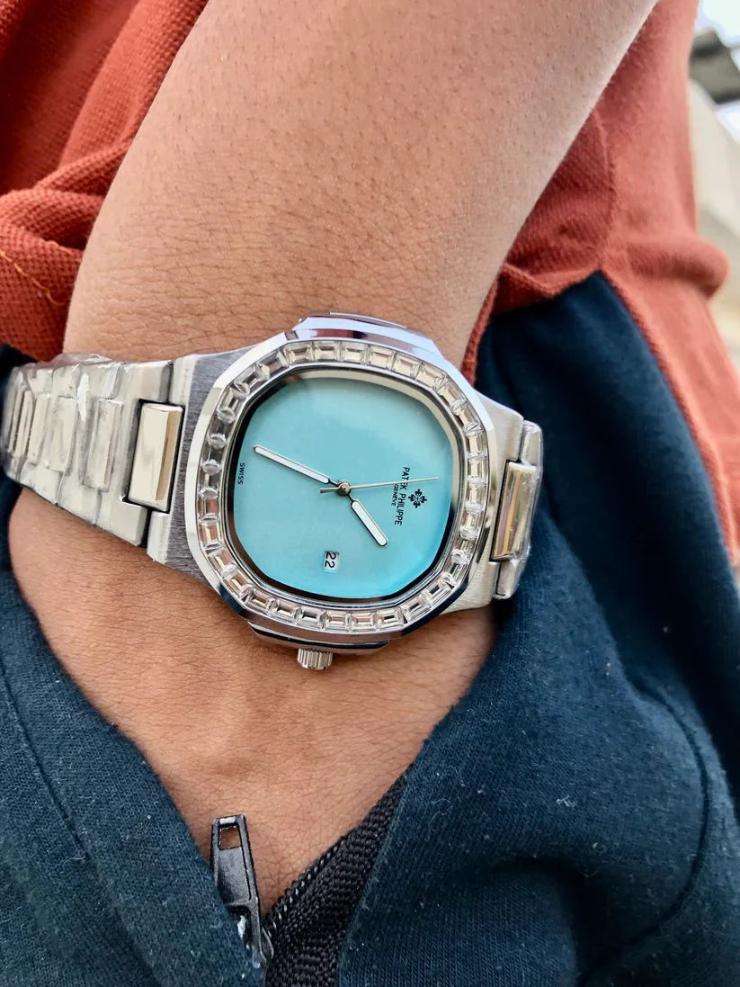 Iced - Out Patek Style Watch with Aqua Blue Dial - Wristcart