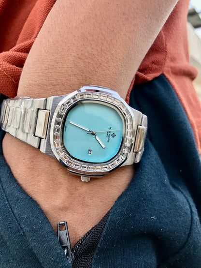 Iced - Out Patek Style Watch with Aqua Blue Dial - Wristcart